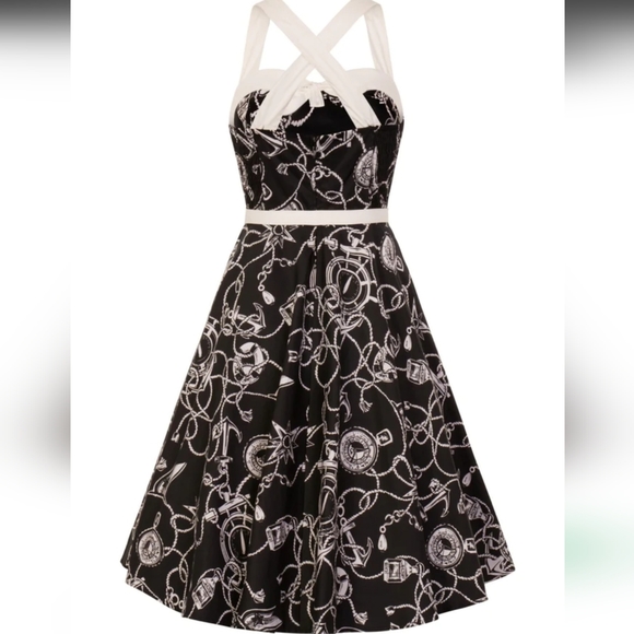 Hell Bunny nautical sailor anchor swing dress black and cream L - Picture 3 of 14